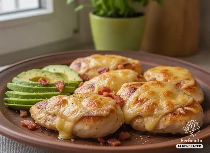 Juicy chicken mini steaks with gratinated cheese and fresh avocado