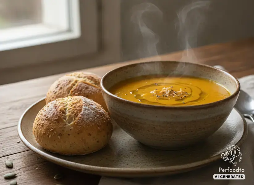 Creamy organic Hokkaido pumpkin soup with quark grain rolls