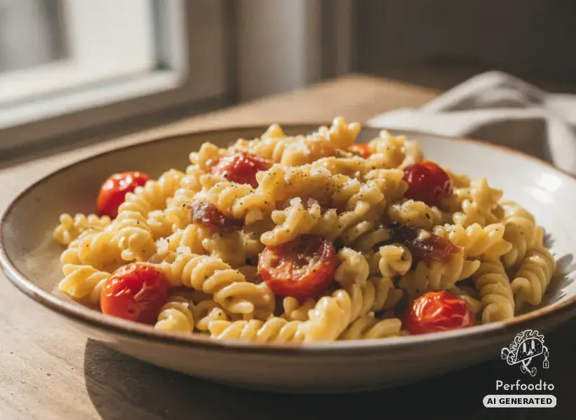Pasta with creamy cheese sauce and cherry tomatoes