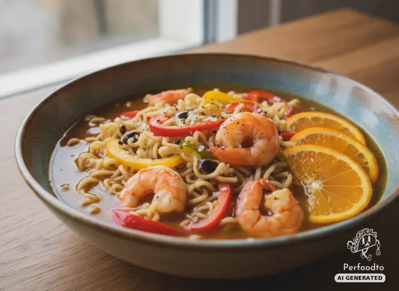 Asian ramen noodles with shrimp and pointed peppers