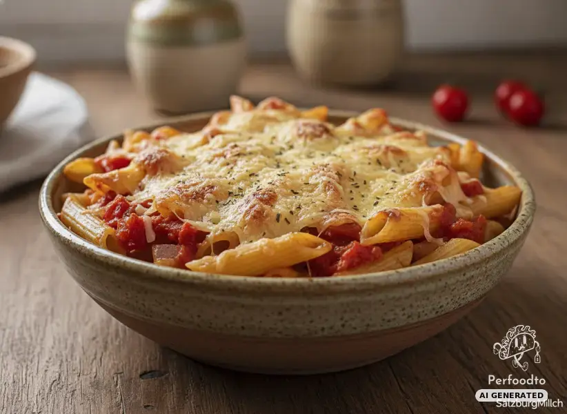 Baked pasta with two cheeses and tomatoes