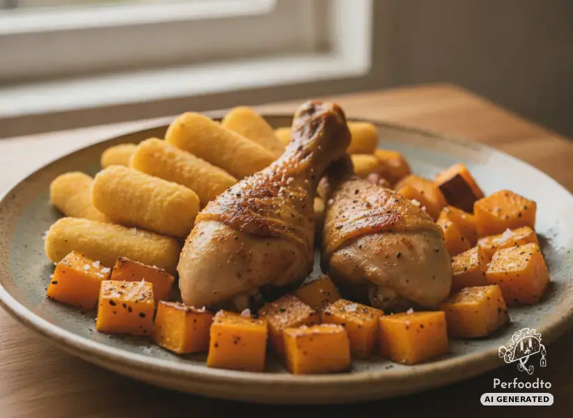 Crispy chicken legs with croquettes and roasted pumpkin