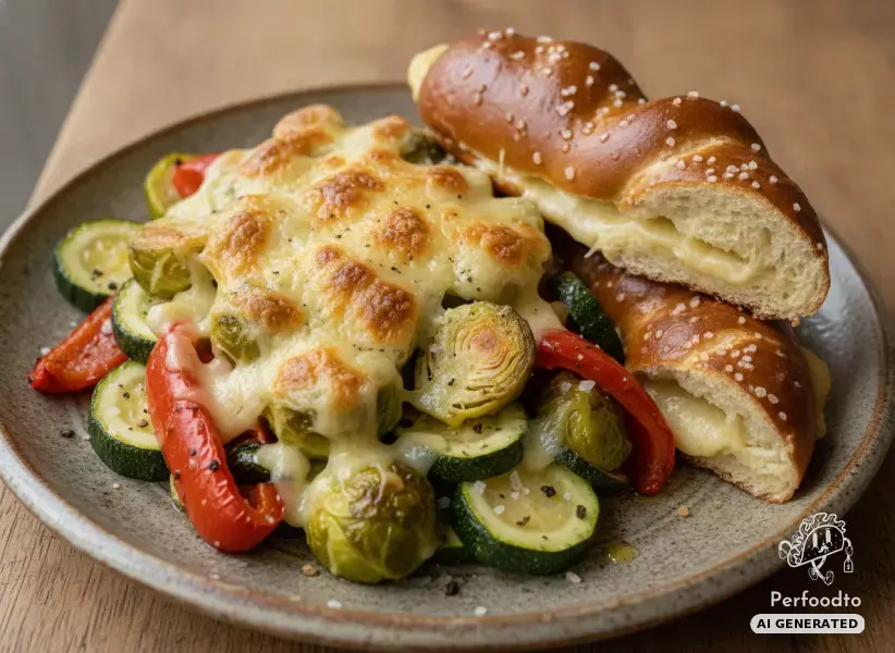 Baked oven vegetables with mountain cheese and cheese pretzel stick