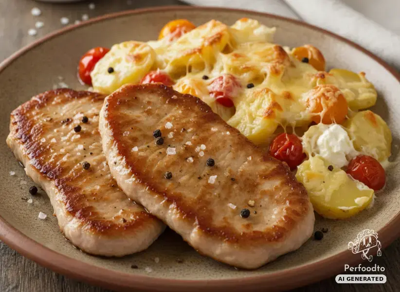 Pan-fried pork cutlets with gratinated potatoes and tomatoes