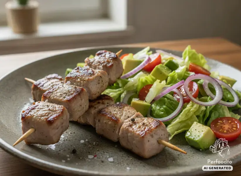 Gegrillte Schweinefiletspieße mit Avocado und Tomatensalat