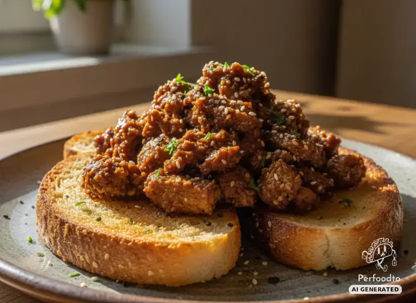 Spicy vegan Teriyaki strips on toasted protein bread