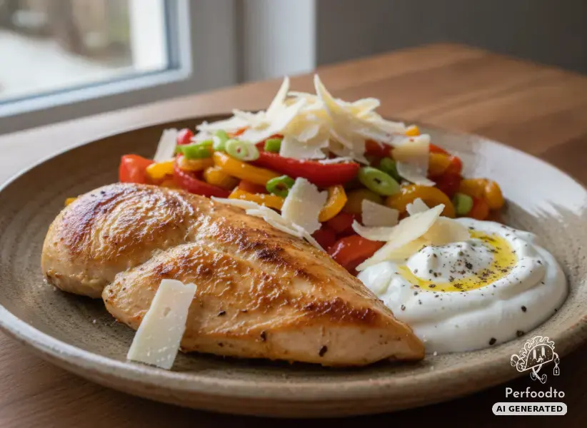 Juicy chicken breast fillet with colorful bell pepper skillet and protein mountain cheese