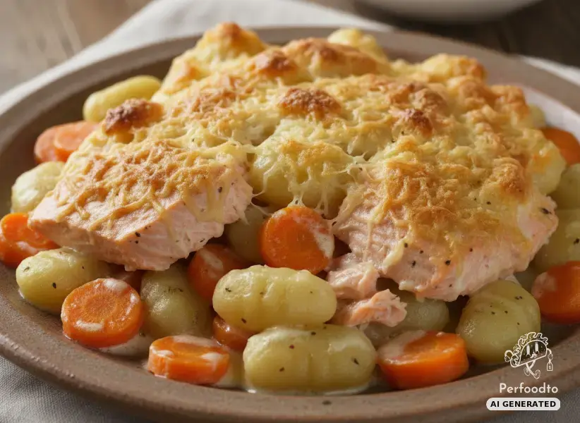 Baked salmon and gnocchi casserole with carrots