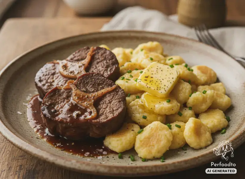 Zartes Rinderbackerl mit Topfenspätzle und Butter