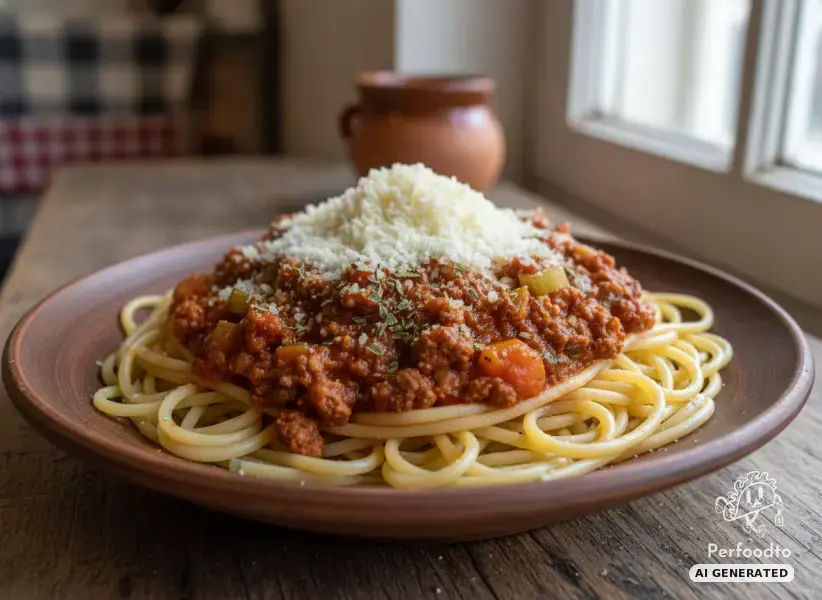 Spaghetti with vegetarian bolognese and cheese