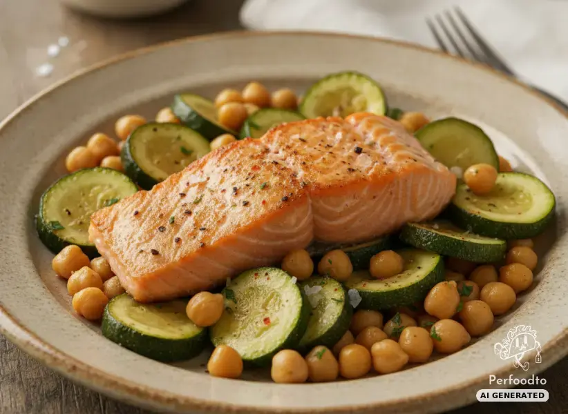 Gebratener Lachs mit Zucchini und Kichererbsen