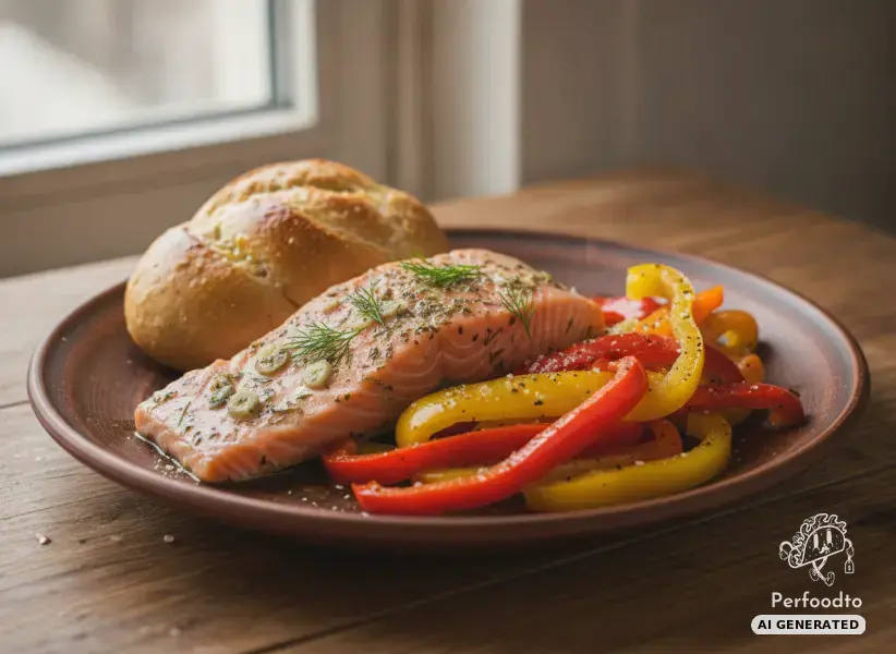Steamed salmon with bell pepper vegetables from the Thermomix