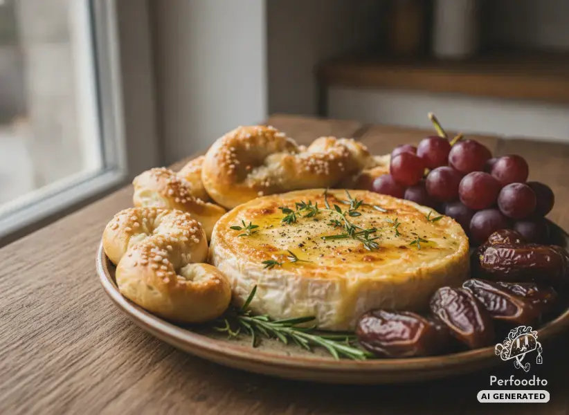 Melted baked cheese with pretzel knots, grapes and dates