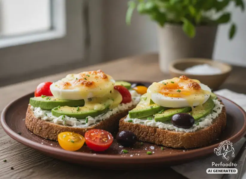 Überbackenes Roggenbrot mit Avocado, Ei und Bergbaron