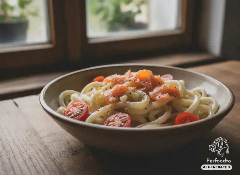 Creamy Udon Noodles with Hot Smoked Salmon and Cherry Tomatoes