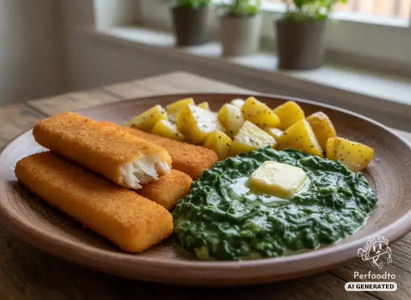 Fischstäbchen mit Cremespinat und Erdäpfeln