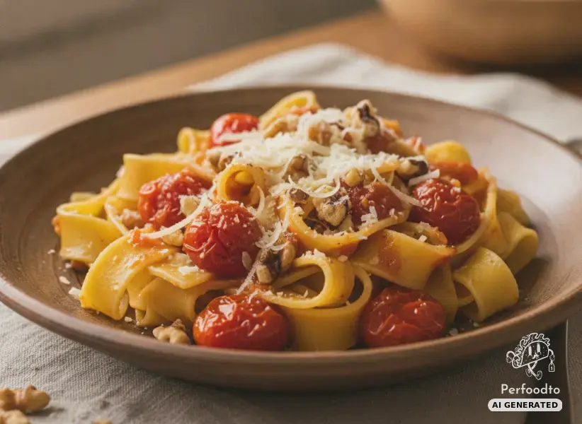 Frische Eierbandnudeln mit geschmorten Datterini Tomaten und Walnuss Pecorino