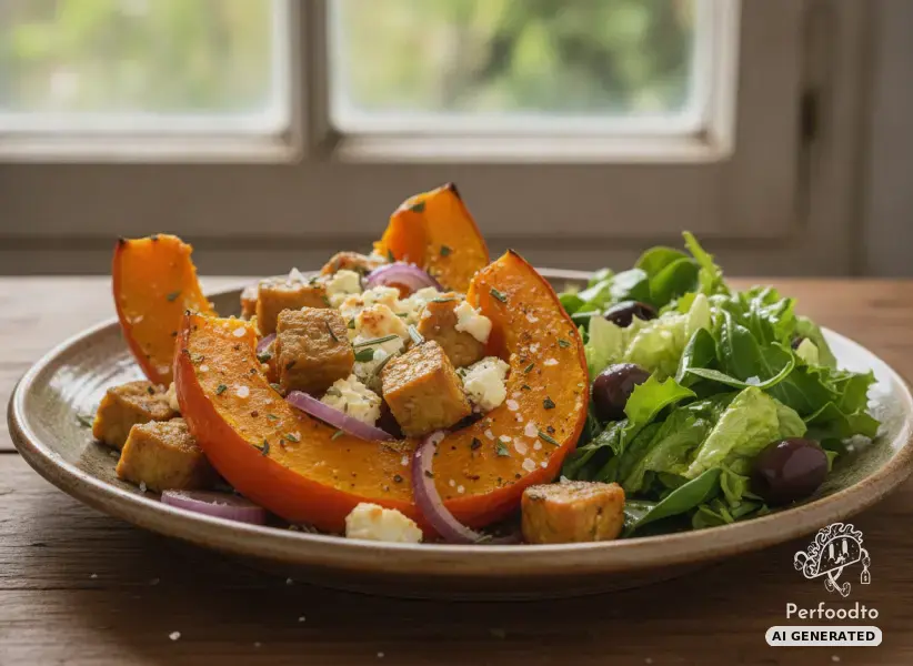 Baked pumpkin with feta and fried tempeh