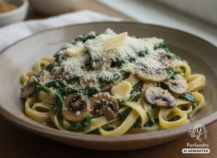 Fresh pasta with mushroom spinach sauce and Grana Padano from the Thermomix