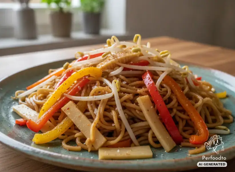 Fried wok noodles with colorful bell peppers and bean sprouts