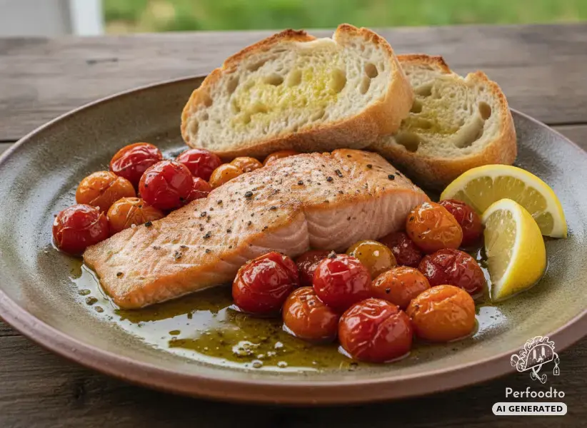 Pan seared salmon fillet with braised cherry tomatoes and baguette