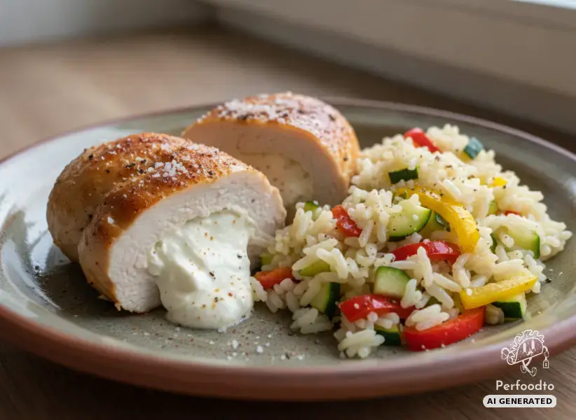 Fried turkey breast with cream cheese and rice