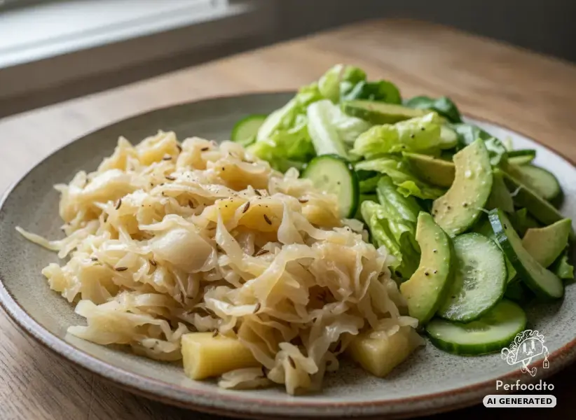 Geschmortes Weißkraut mit Äpfeln und buntem Avocadosalat