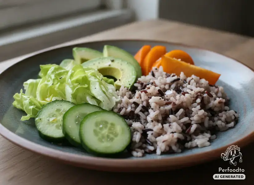 Bunte Reisschüssel mit Avocado, Gurke und fruchtiger Kaki
