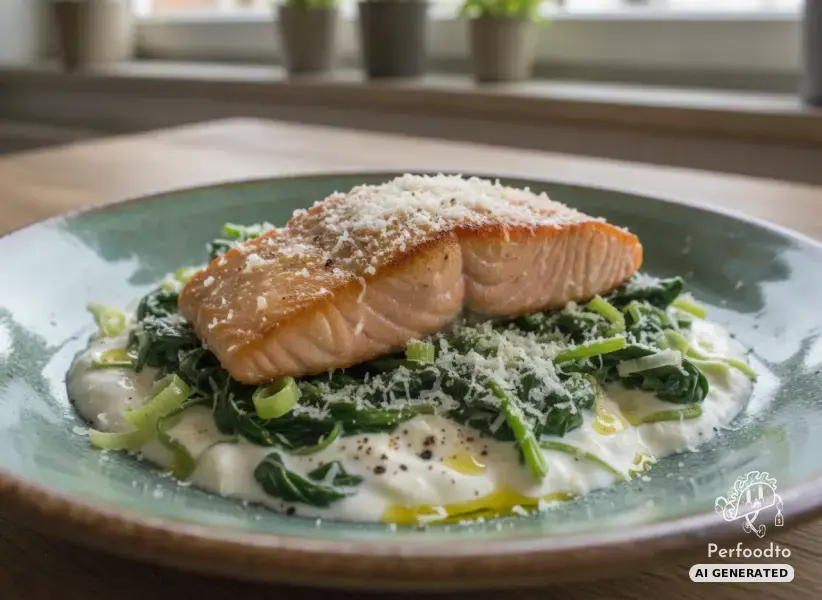 Gebratenes Lachsfilet auf cremigem Babyspinat und Porree
