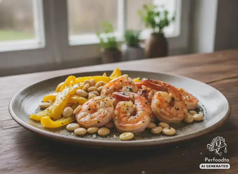 Garlic prawns with yellow pointed peppers and lupin beans