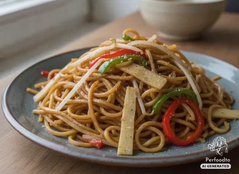 Traditional fried Asian Mie noodles with sprouts and vegetables